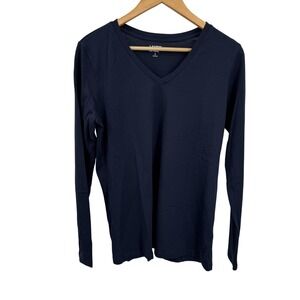Lands' End Shirt Womens S Long Sleeve V Neck Cotton T-Shirt Navy Blue Casual Top